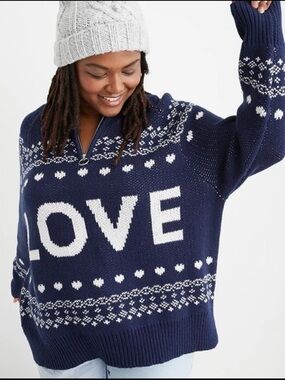 Aerie LOVE Quarter Zip Sweater Oversized Navy Blue Small Cozy